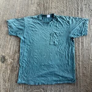 VINTAGE 90S BVD FADED GREEN POCKET T-SHIRT SINGLE STICH MENS XL SOME HOLES